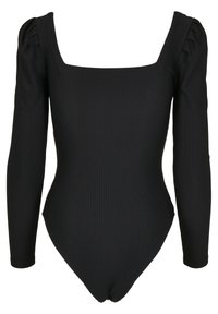 Svart ribbad långärmad bodysuit med fyrkantig halsringning och samlad axeldetalj, med en figurnära silhuett och minimal design.