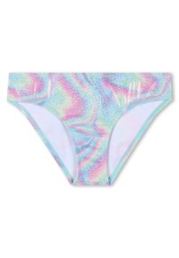 Boxer bikini multicolore con riflessi iridescenti in tonalità pastello di rosa, blu e verde, caratterizzato da una texture liscia e una vita elasticizzata.