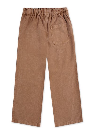 Brown, wide-leg trousers made from a soft, textured fabric. Features an elastic waistband and a single back pocket.