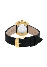 Goldfarbene Uhr mit rundem Ziffernblatt, schwarzem Lederarmband, Gehäuse aus Edelstahl und s.Oliver-Gravur auf der Schließe.