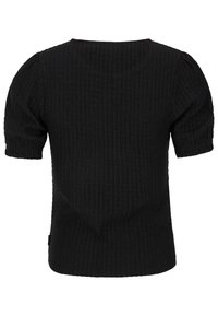 Chemise noire texturée à manches courtes avec manches légèrement bouffantes et encolure ronde vue de dos.