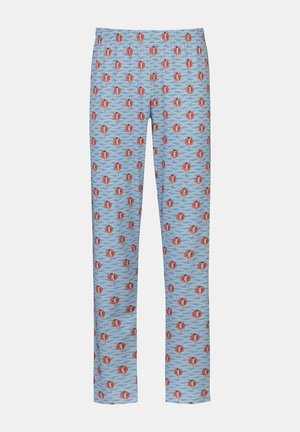 Pantalon de pyjama bleu clair avec une texture matelassée, présentant un motif répétitif de ballons rouges et orange. Taille élastique.