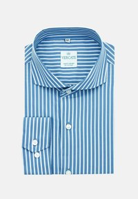 Blauw-wit gestreepte overhemden, slim fit, kreukvrije stof, met button-down kraag, voorzien van een label "VERCATE" en twee witte knopen op de manchet.