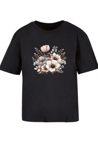 Black short-sleeve t-shirt featuring a floral design in pastel shades of pink, gray, and white, with intricate details of leaves and flowers.