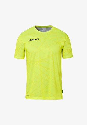 Heldere gele sportshirt met korte mouwen en een geometrisch patroon, gemaakt van lichtgewicht materiaal. Voorzien van het "uhlsport" logo in het zwart.