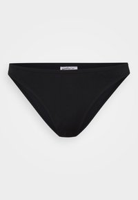Black bikini bottom made from elastic swim material. Features a simple design with a low waistband and minimal coverage.