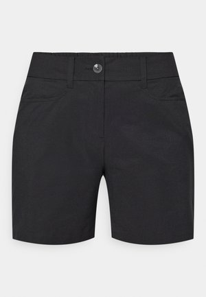 Czarne szorty z gładkiego materiału z zapięciem na guzik, przednimi kieszeniami i prostym krojem nogawek. Bez widocznych wzorów ani zdobień.