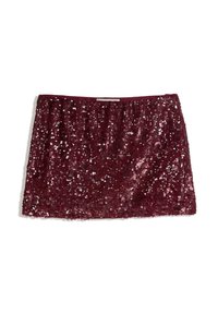 Bordeaux sequin mini rok met een elastische tailleband, voorzien van een textuur die bedekt is met glanzende, overlappende pailletten.