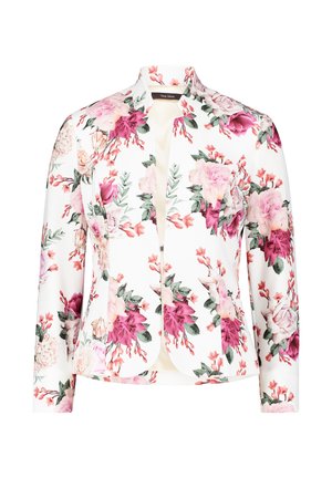 Floral blazer in white featuring pink and purple flowers, long sleeves, a stand collar, and a single button closure on the front.