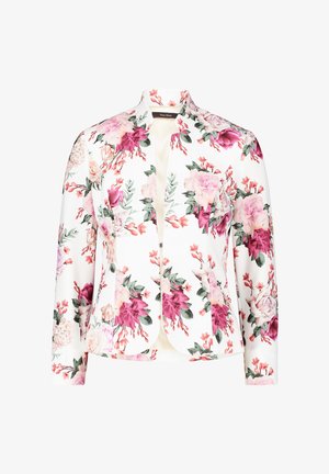 Floral blazer in white featuring pink and purple flowers, long sleeves, a stand collar, and a single button closure on the front.