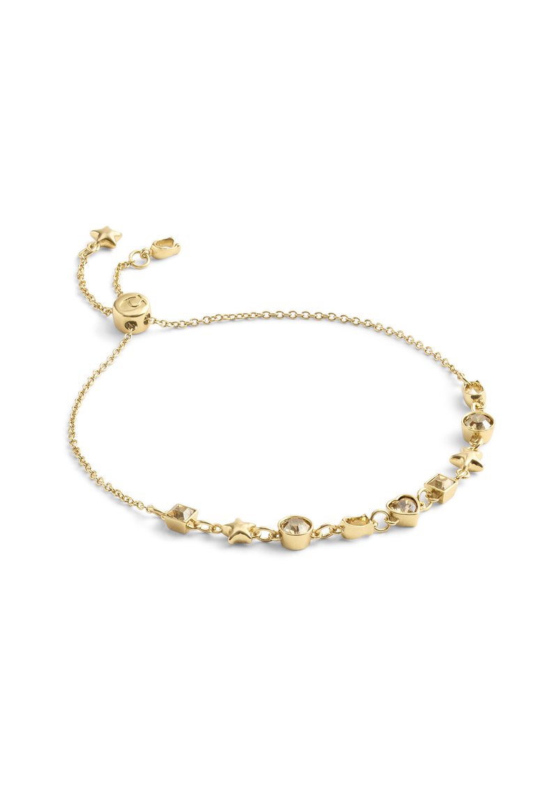 Goldarmband mit verschiedenen Formen, darunter Sterne und Würfel, verziert mit klaren Steinen, verbunden durch eine feine Kette. Verstellbarer Verschluss.