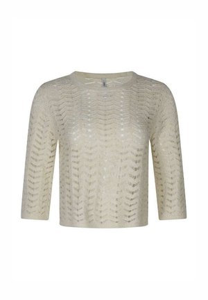 Maglione color crema a maglia con motivo a zigzag semi-trasparente, maniche lunghe e scollo tondo.