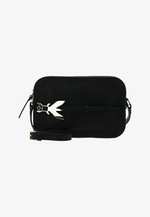 Sac bandoulière rectangulaire en cuir noir avec bandoulière réglable et détail décoratif brillant en forme d'oiseau argenté sur le devant.