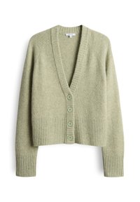 Cardigan tricoté vert clair avec manches longues, poignets et ourlet côtelés, et quatre boutons assortis sur le devant.