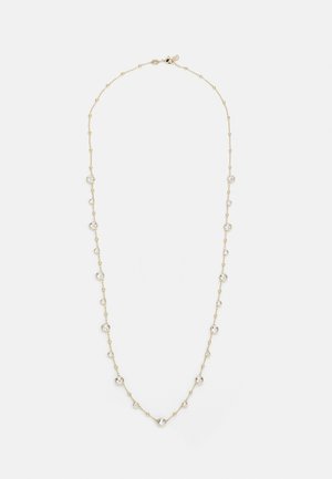 Gouden halsketting met ronde heldere kristallen die langs een delicate ketting zijn geplaatst. Elk kristal is gezet in een ronde bezel, wat een reflecterend effect creëert.
