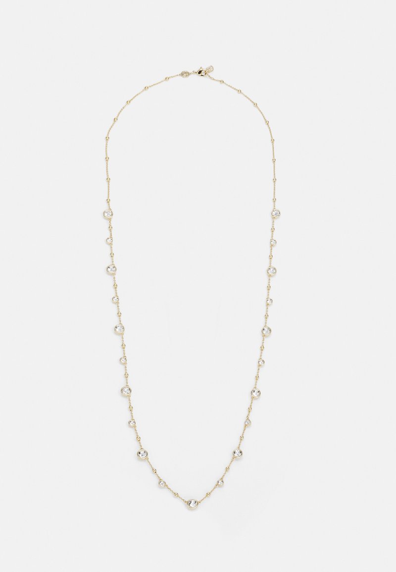 Gold necklace with round clear crystals spaced along a delicate chain. Each crystal is set in a circular bezel, creating a reflecting effect.