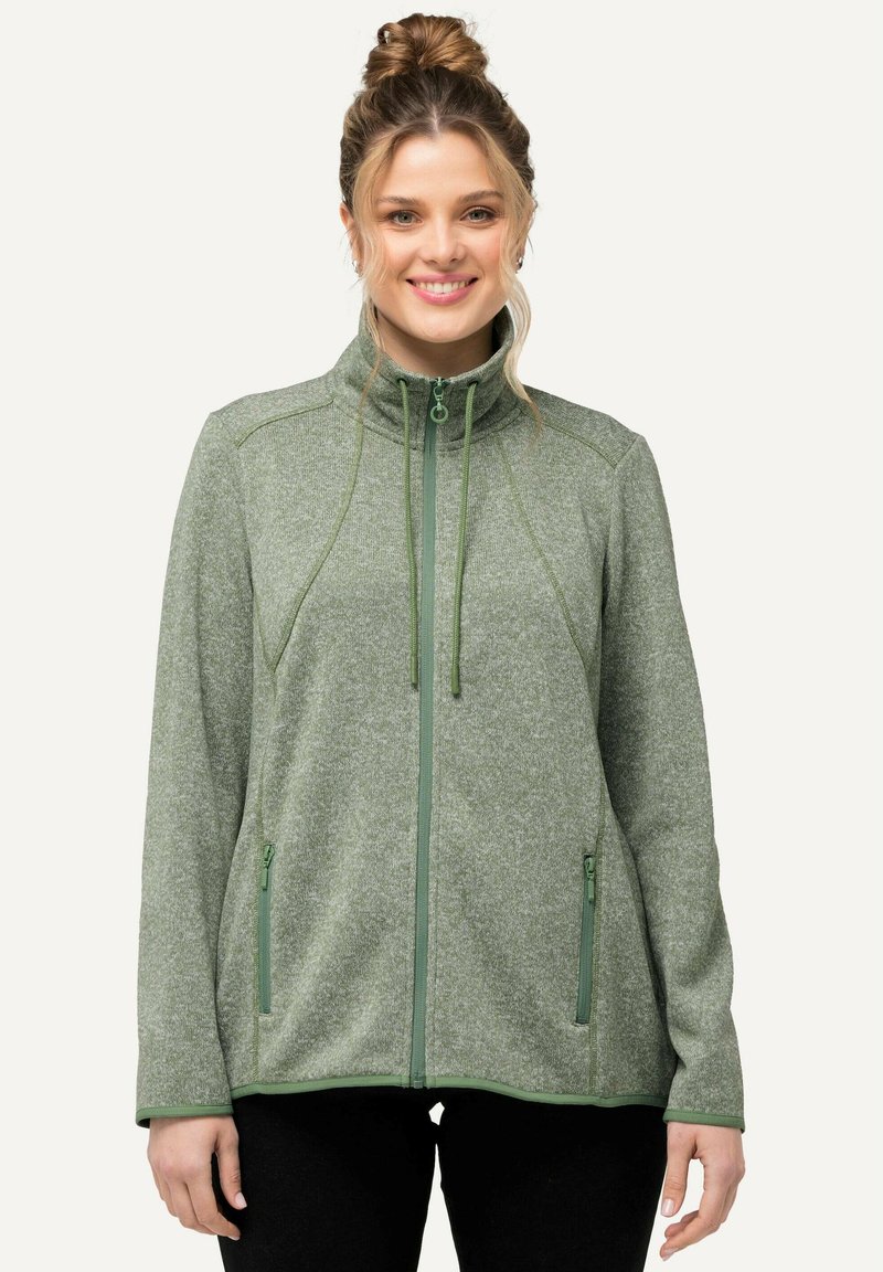 Grön fleecejacka med hög krage, hel dragkedja och dragsnören. Har sidofickor och en strukturerad, melerad finish.