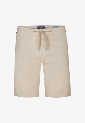 Pantaloni corti di lino beige con una vita regolabile, caratterizzati da una texture liscia e una vestibilità rilassata. Inclusi tasche laterali e dettagli di cucitura discreti.