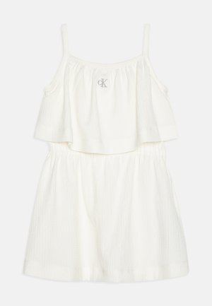 Witte mouwloze jurk van gestructureerde stof, met een gelaagde buste en een elastische tailleband, versierd met een klein geborduurd logo.