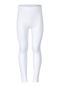 Weiße Leggings aus dehnbarem Material, die eng anliegen, eine glatte Textur aufweisen und knöchellang sind, mit einem schlichten Bund.