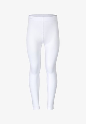 White leggings made of stretchy material, featuring a snug fit, smooth texture, and ankle-length design with a simple waistband.