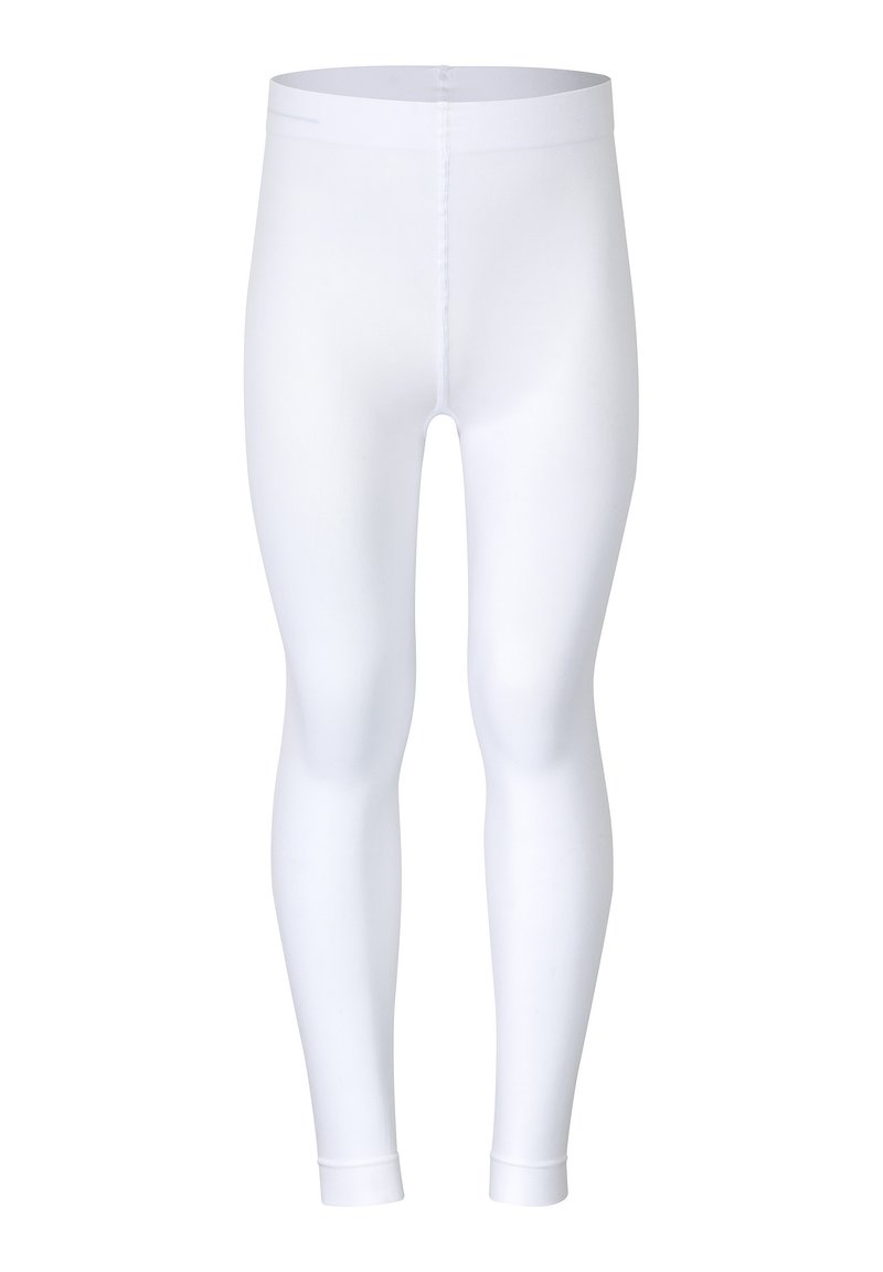 Weiße Leggings aus dehnbarem Material, die eng anliegen, eine glatte Textur aufweisen und knöchellang sind, mit einem schlichten Bund.