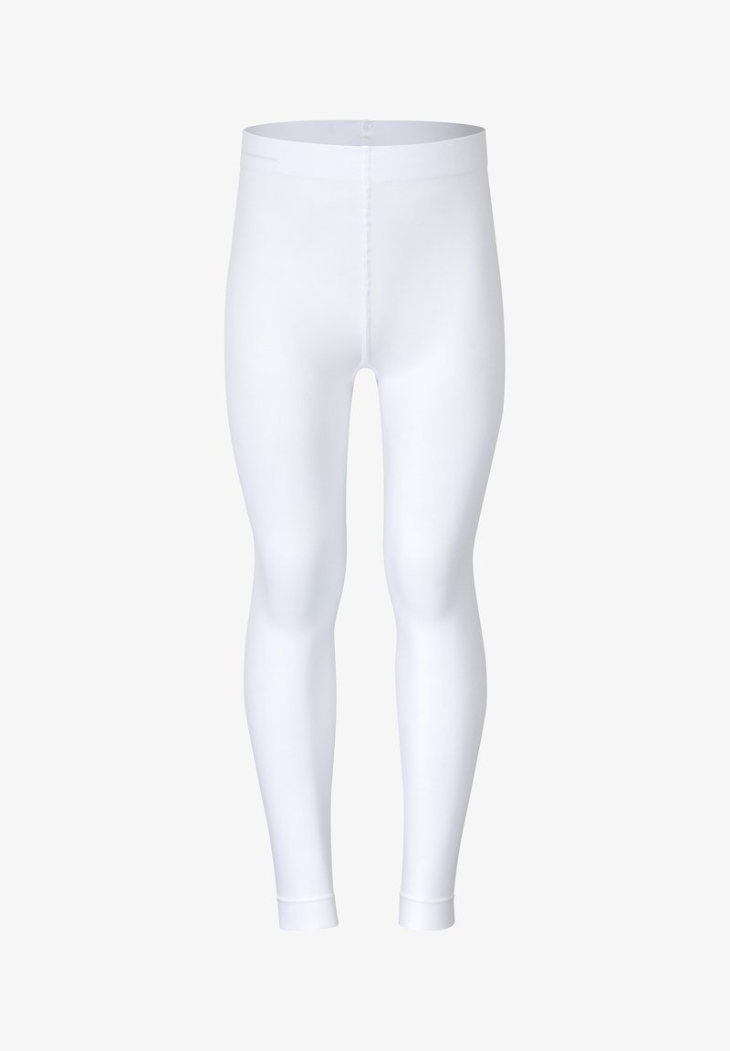 Weiße Leggings aus dehnbarem Material, die eng anliegen, eine glatte Textur aufweisen und knöchellang sind, mit einem schlichten Bund.