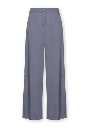 Pantalones de pierna ancha de talle alto en azul grisáceo suave, con cierre delantero de botón y cremallera, costuras entalladas y acabado de tela suave.