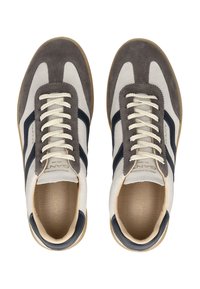 Pair of gray and navy suede sneakers with white laces, gum soles, and logo text on the tongue and side panels, shown from above.