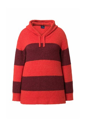 Suéter oversized a rayas rojas y burdeos con capucha, que presenta un tejido texturizado, cierre de cordón y puños y dobladillo acanalados.
