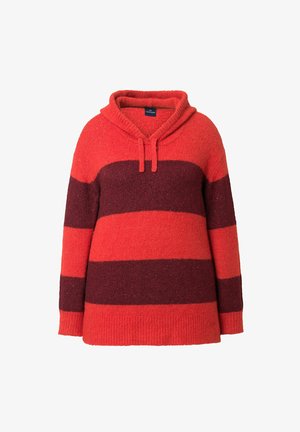 Punainen ja viininpunainen raidallinen ylisuuri neulepaita, jossa on huppu, teksturoitu neulos, kiristysnyöri ja ribbaus hihansuissa ja helmasssa.