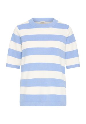 Korte mouw trui met een ronde hals, gemaakt van zacht gebreide stof. Voorzien van horizontale strepen in lichtblauw en wit. Strak, casual ontwerp.