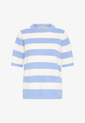 Suéter de manga corta con escote redondo, hecho de tela de punto suave. Presenta rayas horizontales en azul claro y blanco. Diseño limpio y casual.