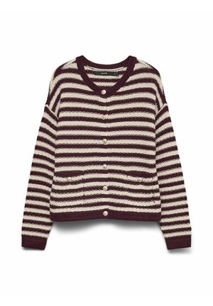 Cardigan rayé dans des tons bordeaux et crème, avec un col en V, des boutons sur le devant et deux poches avec des accents de bouton. Matériau tricoté texturé.