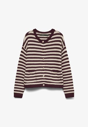 Striped cardigan in maroon and cream, featuring a V-neck, front buttons, and two pockets with button accents. Textured knit material.