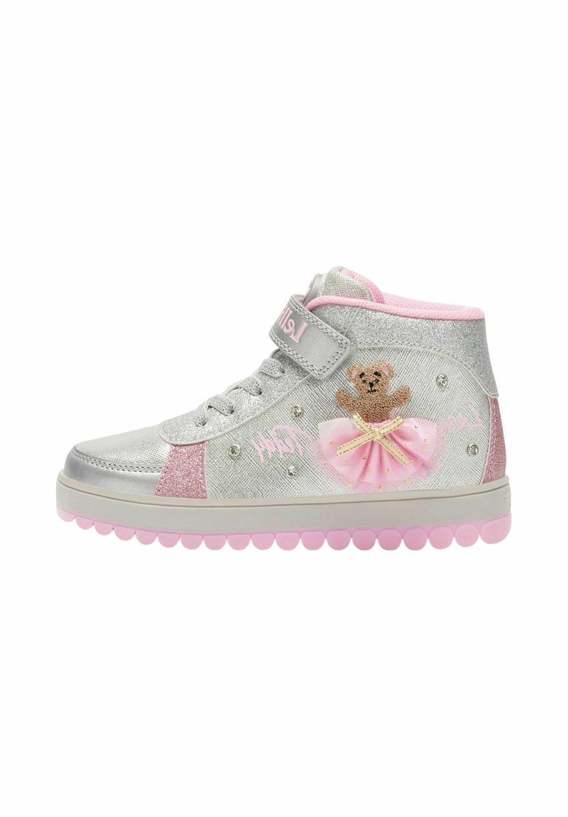 Sneaker alta per bambini in argento e rosa con ricamo di orsetto che indossa un tutù e dettagli glitterati, suola rosa e chiusura in Velcro.