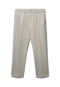 Pantaloni grigi chiari con una texture liscia, dotati di tasche frontali, chiusura con bottone e design a gamba dritta.