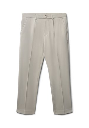 Pantaloni grigi chiari con una texture liscia, dotati di tasche frontali, chiusura con bottone e design a gamba dritta.