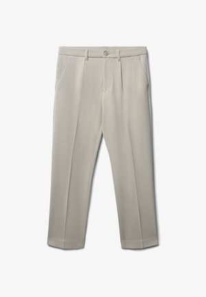 Pantaloni grigi chiari con una texture liscia, dotati di tasche frontali, chiusura con bottone e design a gamba dritta.