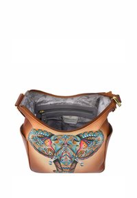 Bruine leren schoudertas met kleurrijk olifantenontwerp aan de voorkant en een bloemenpatroon aan de binnenkant. Inclusief een ritsvak.