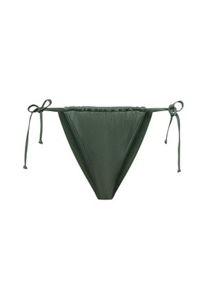 Olive green bikini bottom made of smooth fabric, featuring a low-rise design, adjustable side ties, and a classic triangular cut.