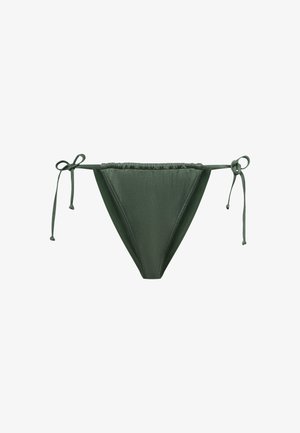 Olive green bikini bottom made of smooth fabric, featuring a low-rise design, adjustable side ties, and a classic triangular cut.
