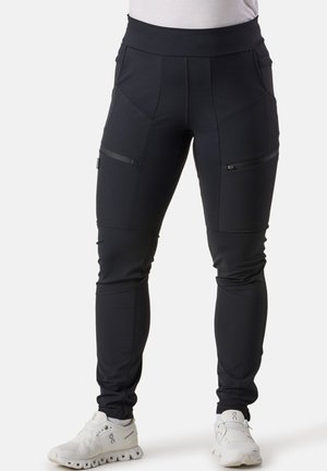 Zwarte sportbroek met een hoge tailleband, voorzien van ritszakken, een aansluitend ontwerp en een gladde textuur. Geschikt voor actieve gebruik.