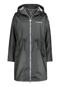 Tmavě zelená nepromokavá pláštěnka s kapucí, předním zipem, stahovacím pasem a dvěma předními kapsami. Logo zdobí zip.