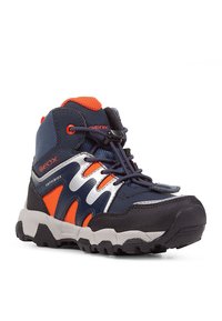 Haltbarer mittelhoher Wanderschuh in Marineblau und Orange. Verfügt über ein strukturiertes Synthetik-Obermaterial, eine verstärkte Zehenschutzkappe und eine Gummisohle mit Profilmustern.