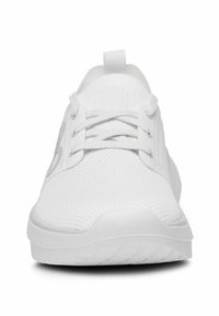 White athletic shoes made of mesh material, featuring a low-top design, lace closure, and textured sole with a slight upward curve at the toe.