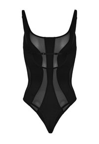 Svart baddräkt i ett stycke med genomskinliga paneler, justerbara axelremmar och en U-formad halsringning, designad med en tajt passform.