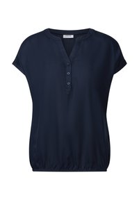 Blusa blu navy a maniche corte con scollo a V e tre bottoni. Tessuto morbido con orlo arricciato per una vestibilità rilassata.