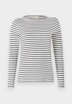 Pitkähihaiset raidalliset paita, joka on valmistettu pehmeästä kankaasta. Siinä on tummansiniset ja valkoiset vaakaraidat, pyöreä pääntie ja kapea malli.