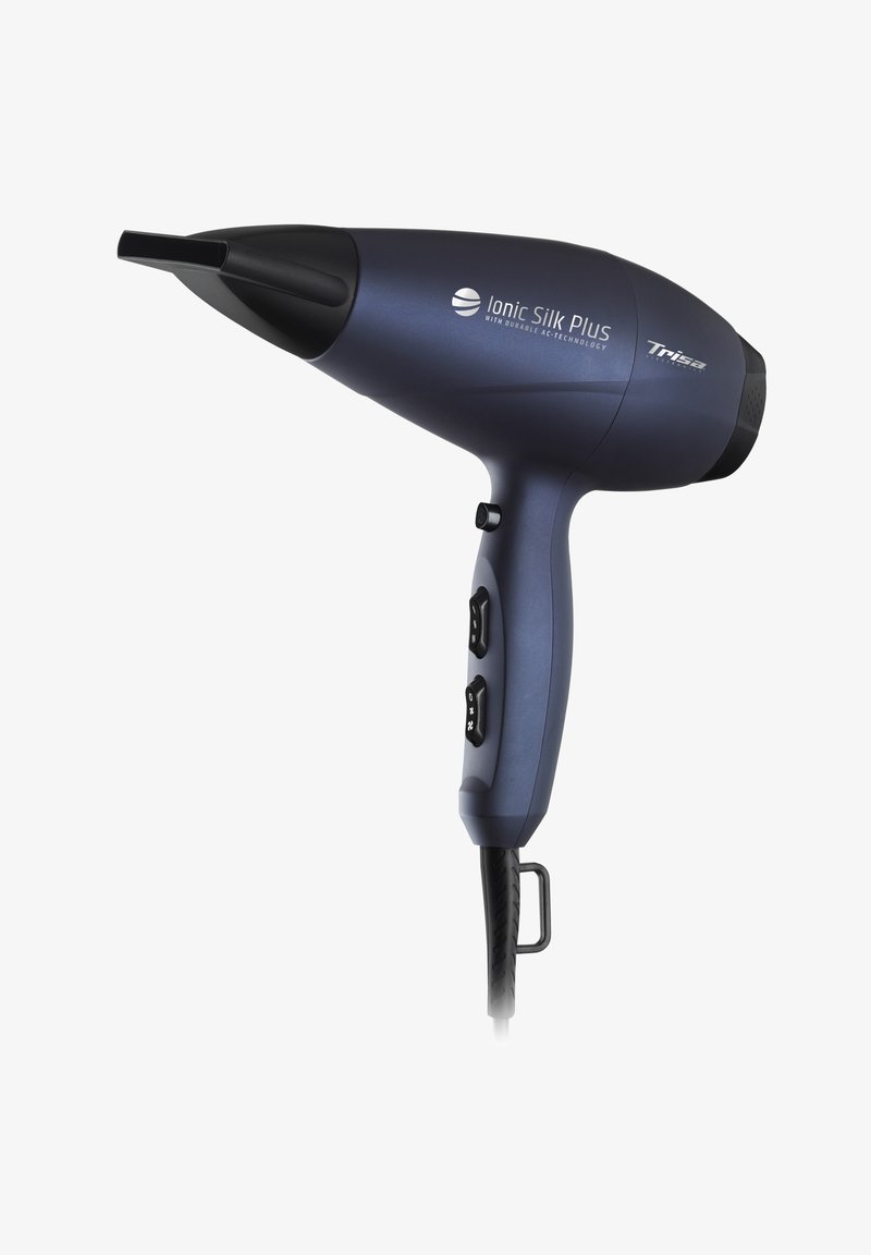 Asciugacapelli Ionic Silk Plus di colore blu navy con beccuccio nero e impugnatura texturizzata. Presenta due pulsanti di controllo e un gancio per appenderlo sul manico.